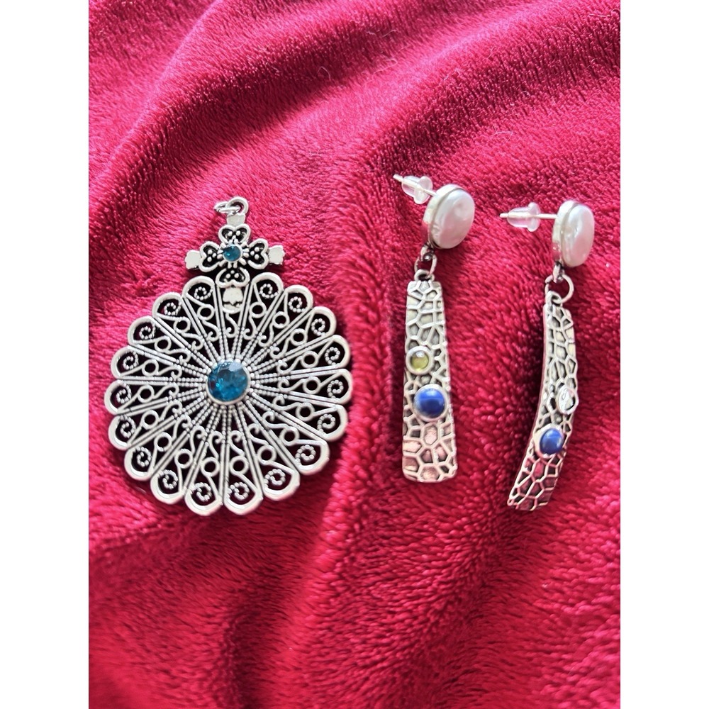 Medallion 2" And Earrings 2.5" Set Scroll Style Blue Clear Faux Pearl (no chain)